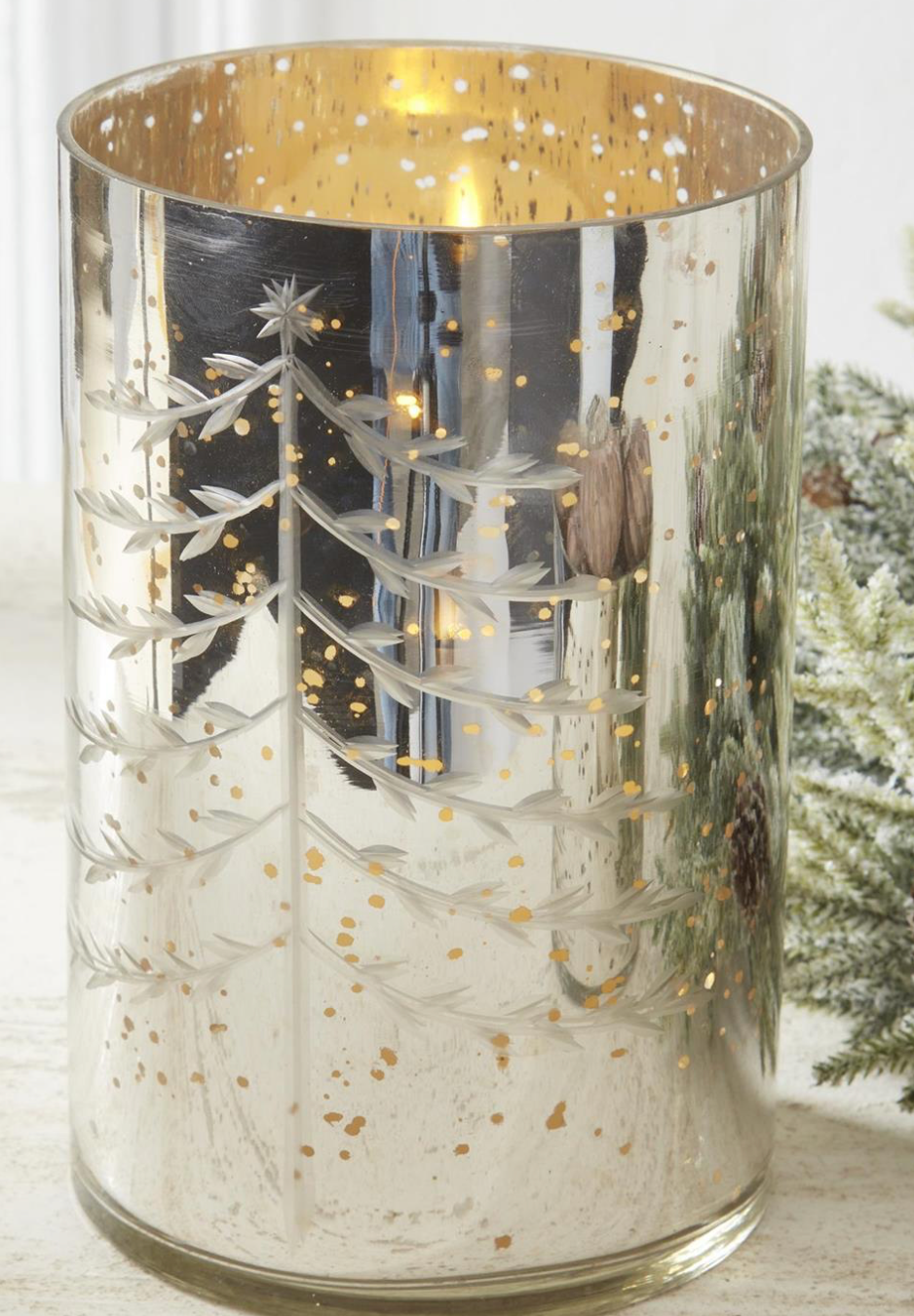 Mercury Glass Candleholder w/Christmas Trees