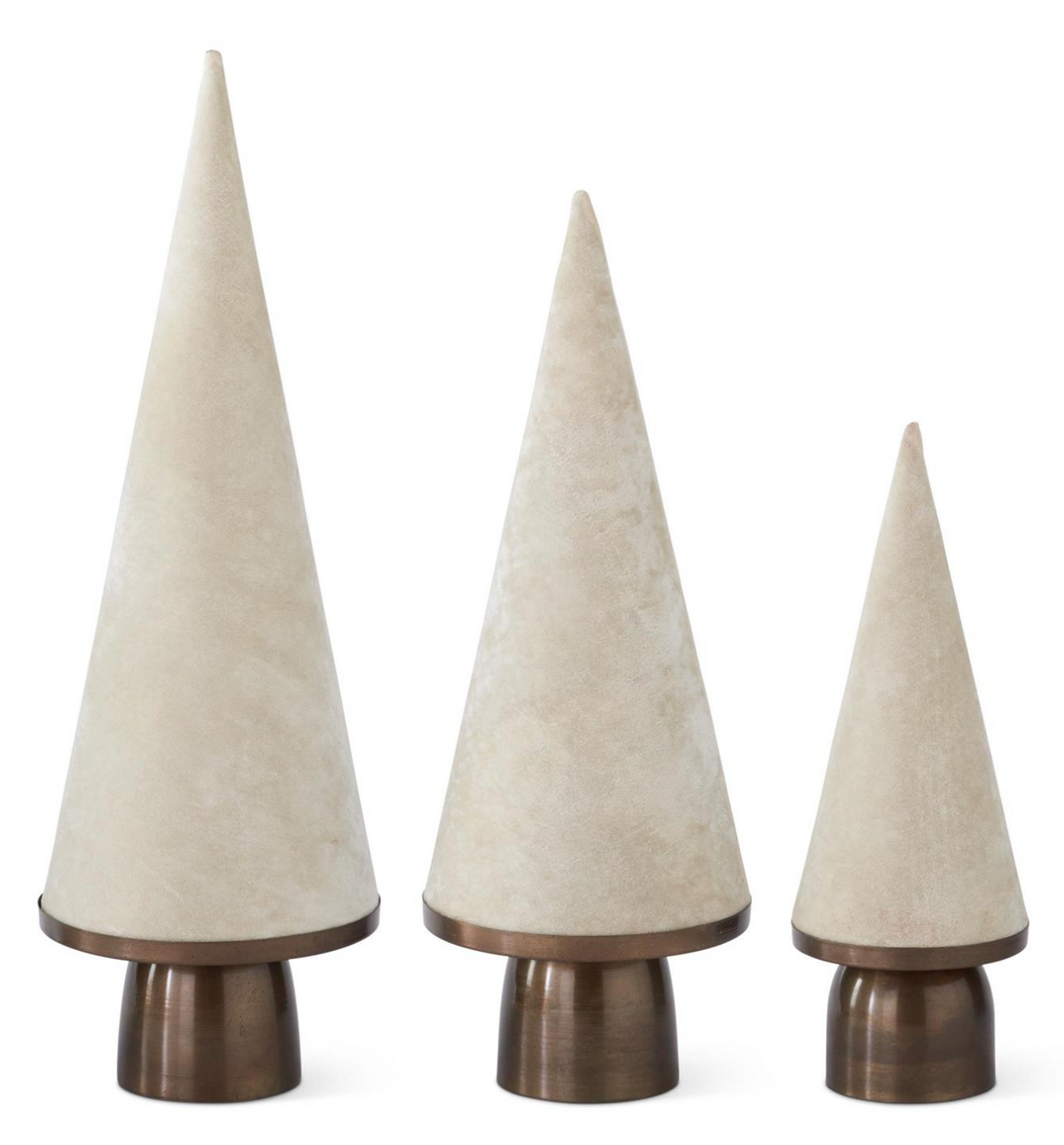 White Velvet Cone Trees on Antique Brass Base, S/3