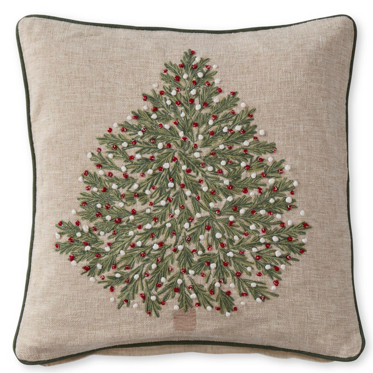 Tan Christmas Tree Pillow w/Red & White Ornaments