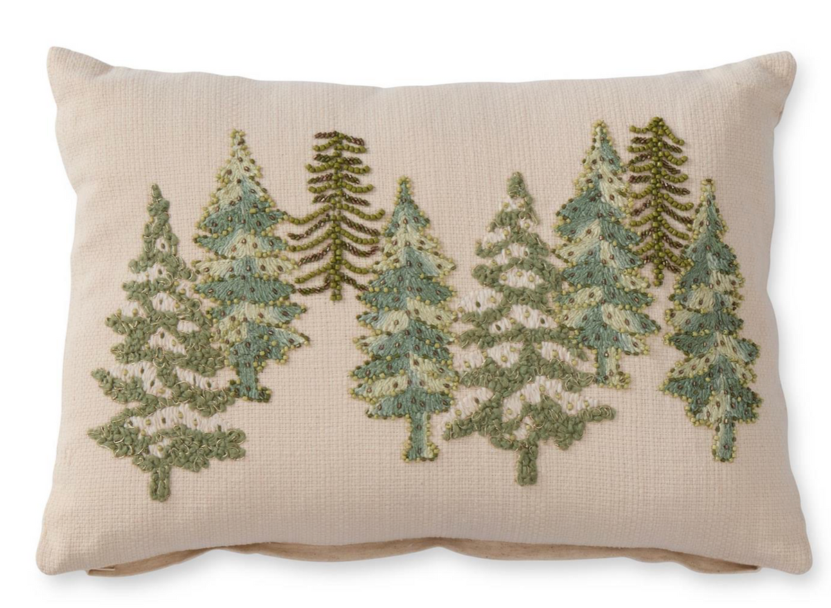 Cream Cotton Linen Lumbar Beaded Christmas Tree Pillow