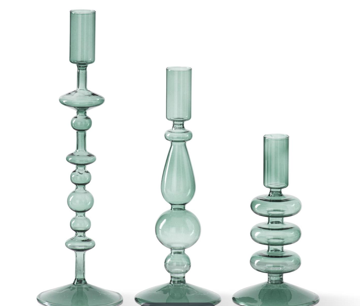 Clear Green Glass Taper Candleholders, S/3