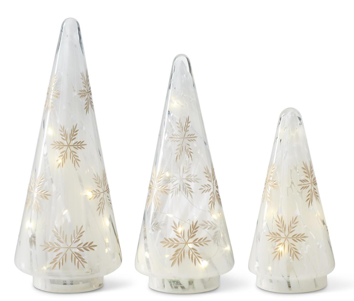 Gold Etched Snowflakes Frosty Glass LED Trees w/ Timers, Set of 3