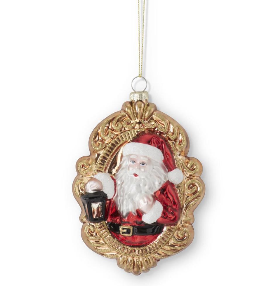 Gold Blown Glass Ornate Oval Disk Santa Ornament