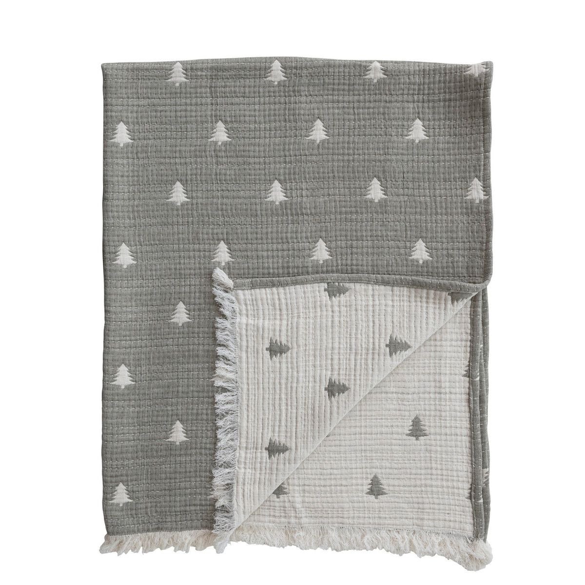 Cotton Double Cloth Throw w/ Trees, Eyelash Fringe & Hand-Embroidered Trees
