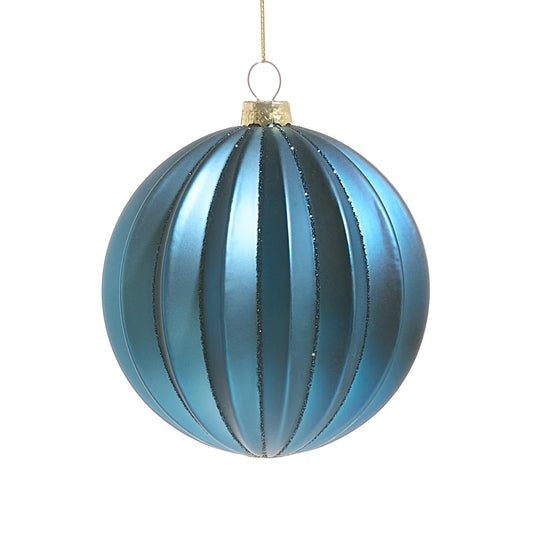 Blue Ribbed Ball Ornament