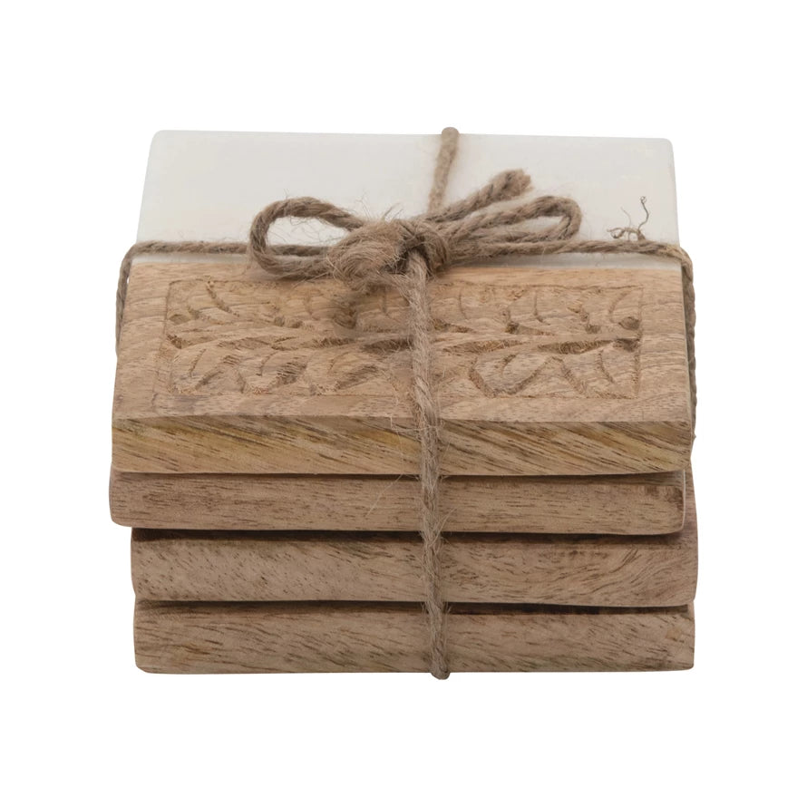 Square Wood and Marble Coaster Set