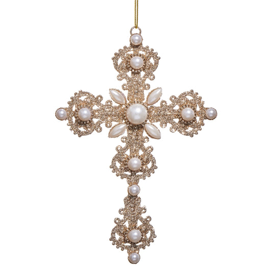 Glitter and Pearl Cross Ornament