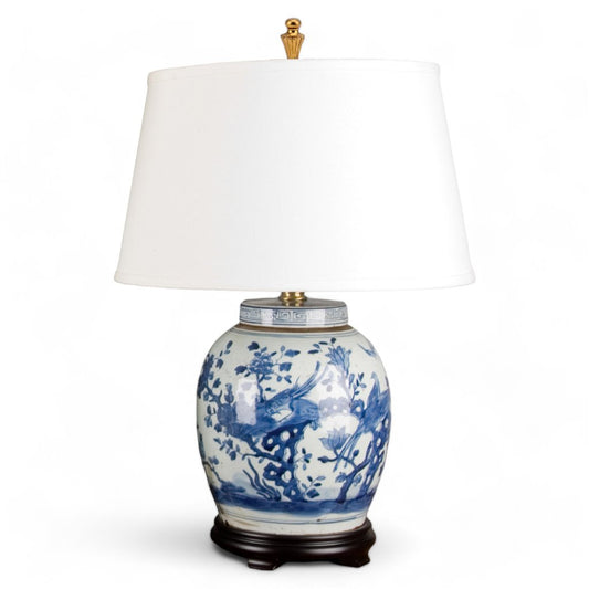 Blue & White Lamp, Phoenix, Brass Base