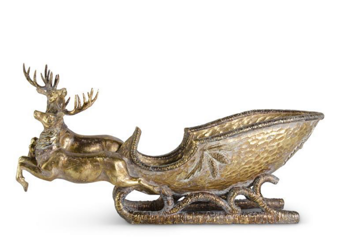 Two Resin Deer Pulling Sleigh, Antique Gold Finish, 25"