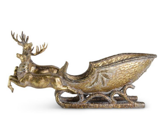 Two Resin Deer Pulling Sleigh, Antique Gold Finish, 25"