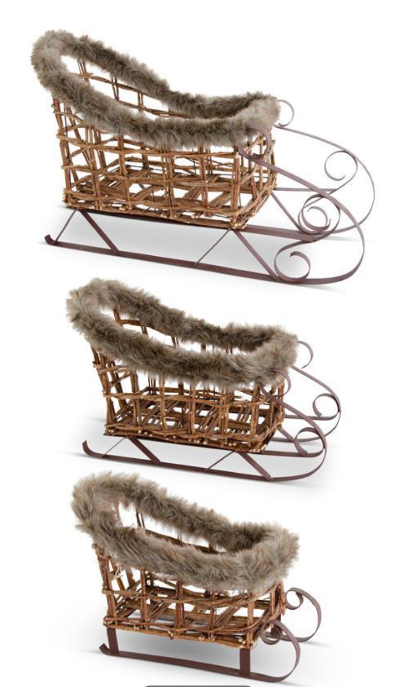 Brown Twig & Metal Sleigh w/Fur