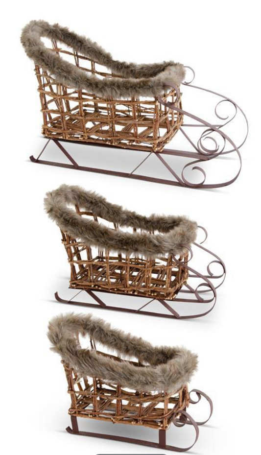 Brown Twig & Metal Sleigh w/Fur