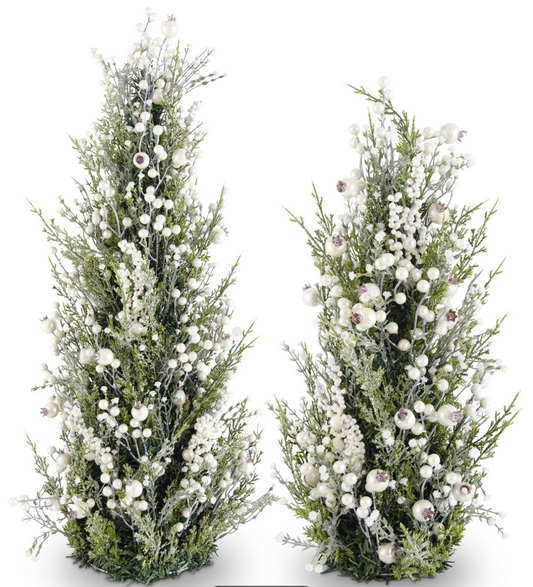 Snowy Cypress Pine Trees w/ Pearls, S/2