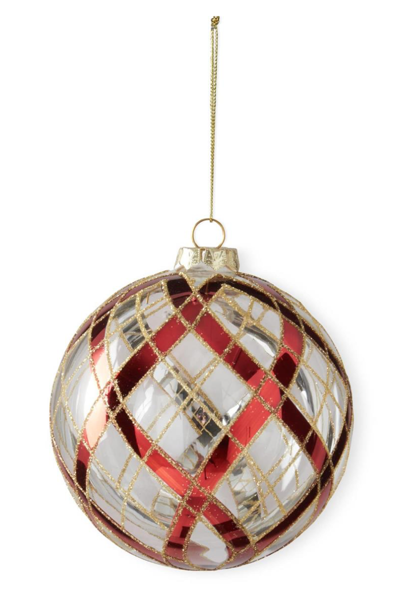 Clear Glass Ornament with Glittered Red & Gold Plaid
