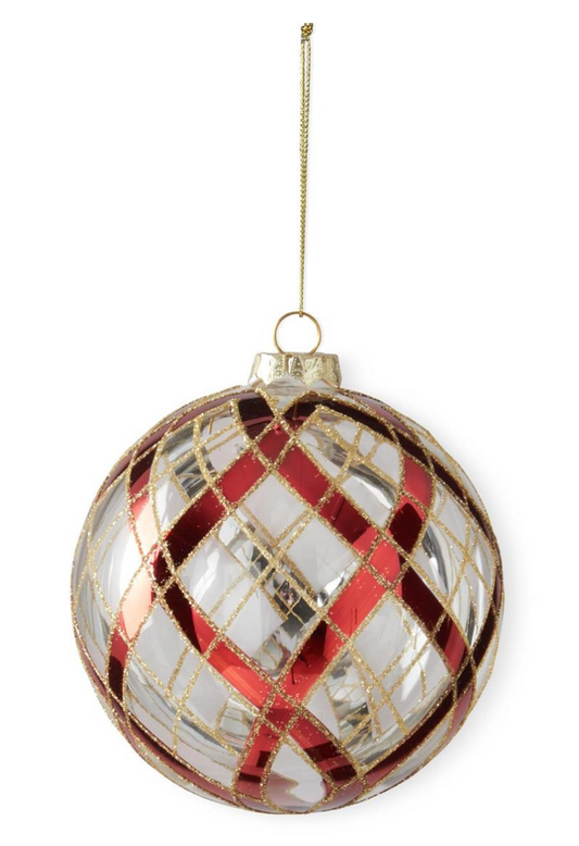 Clear Glass Ornament with Glittered Red & Gold Plaid
