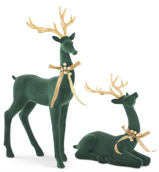 S/2 Dark Green Velvet Deer Gold Antlers & Bow