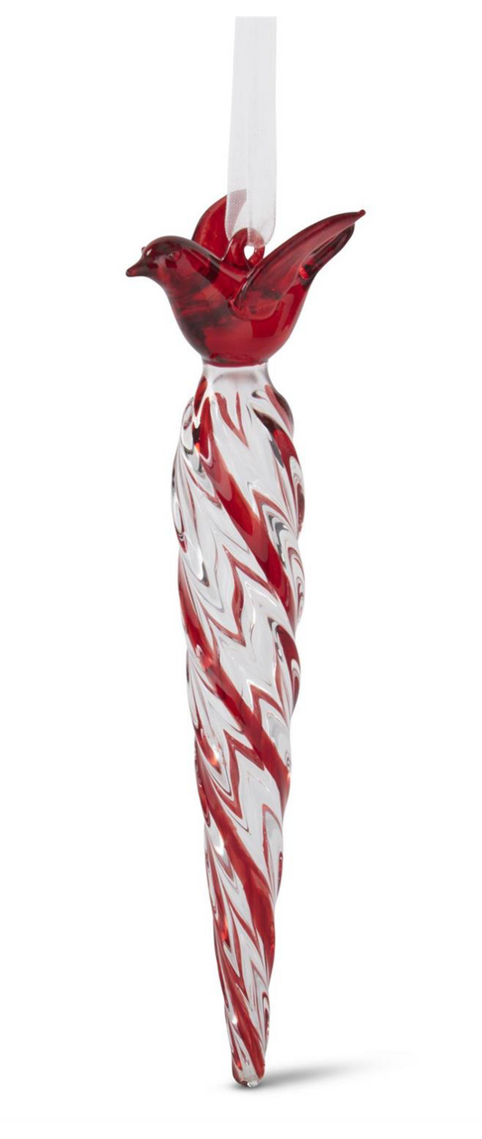Red & Clear Glass Icicle w/ Cardinal Top Ornament