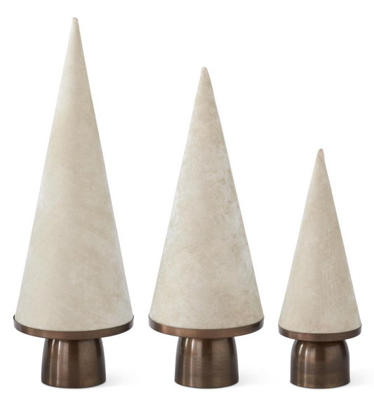 White Velvet Cone Trees on Antique Brass Base, S/3