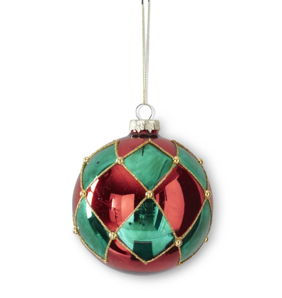 Red & Green Harlequin Gold Glittered Glass Ornament