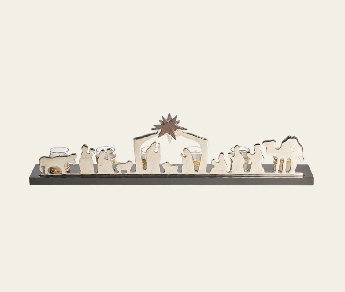Estrella De Belen Nativity Rail in Nickel w/ 6 Candles on Wood Base