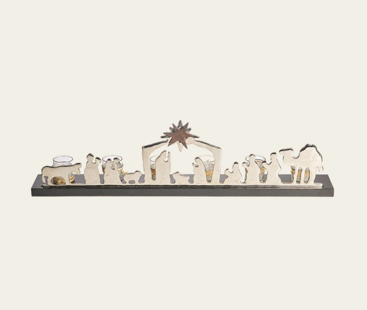 Estrella De Belen Nativity Rail in Nickel w/ 6 Candles on Wood Base