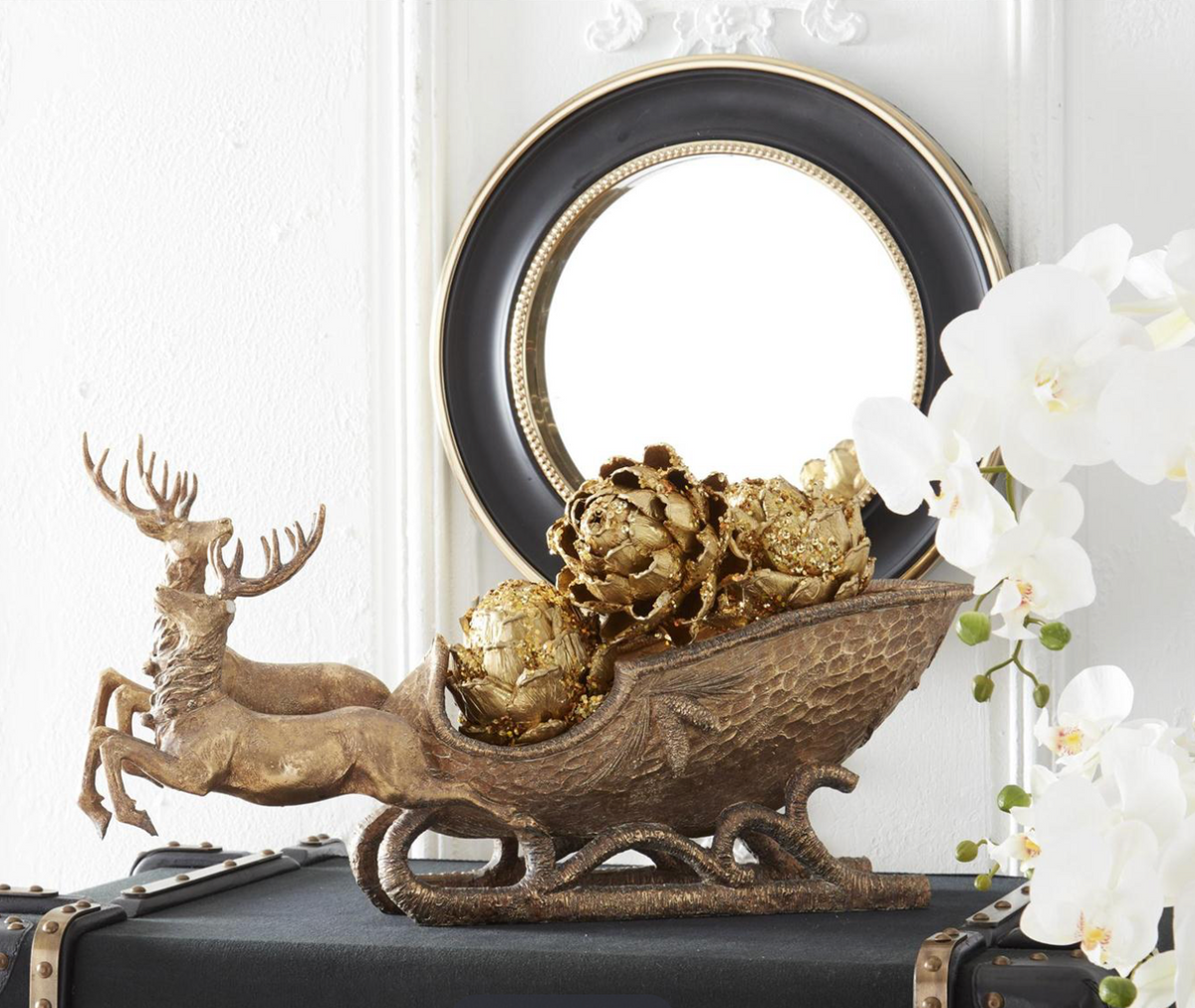 Two Resin Deer Pulling Sleigh, Antique Gold Finish, 25"