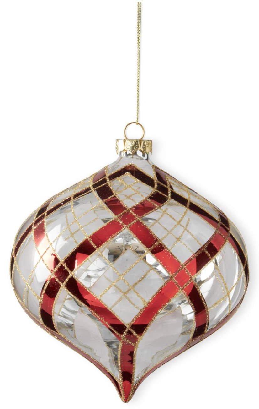 Clear Glass Ornament with Glittered Red & Gold Plaid