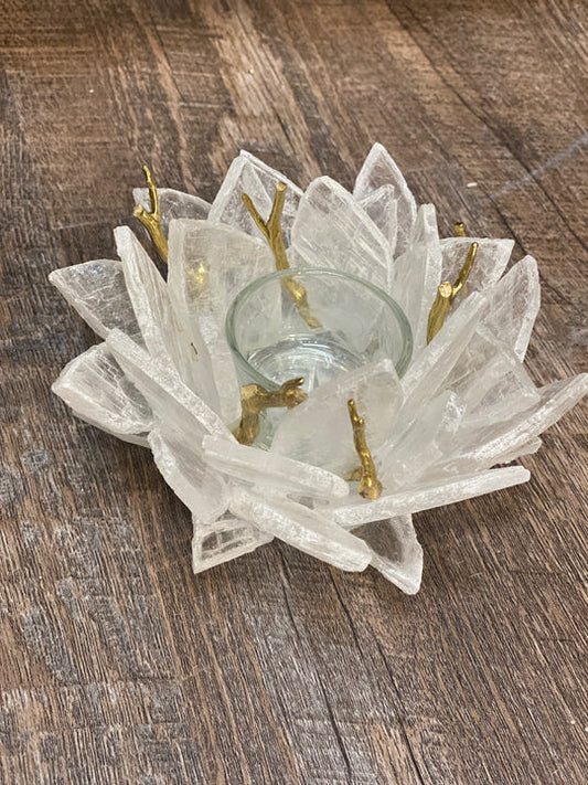 Selenite Slice with Copper Branch Votive Holder