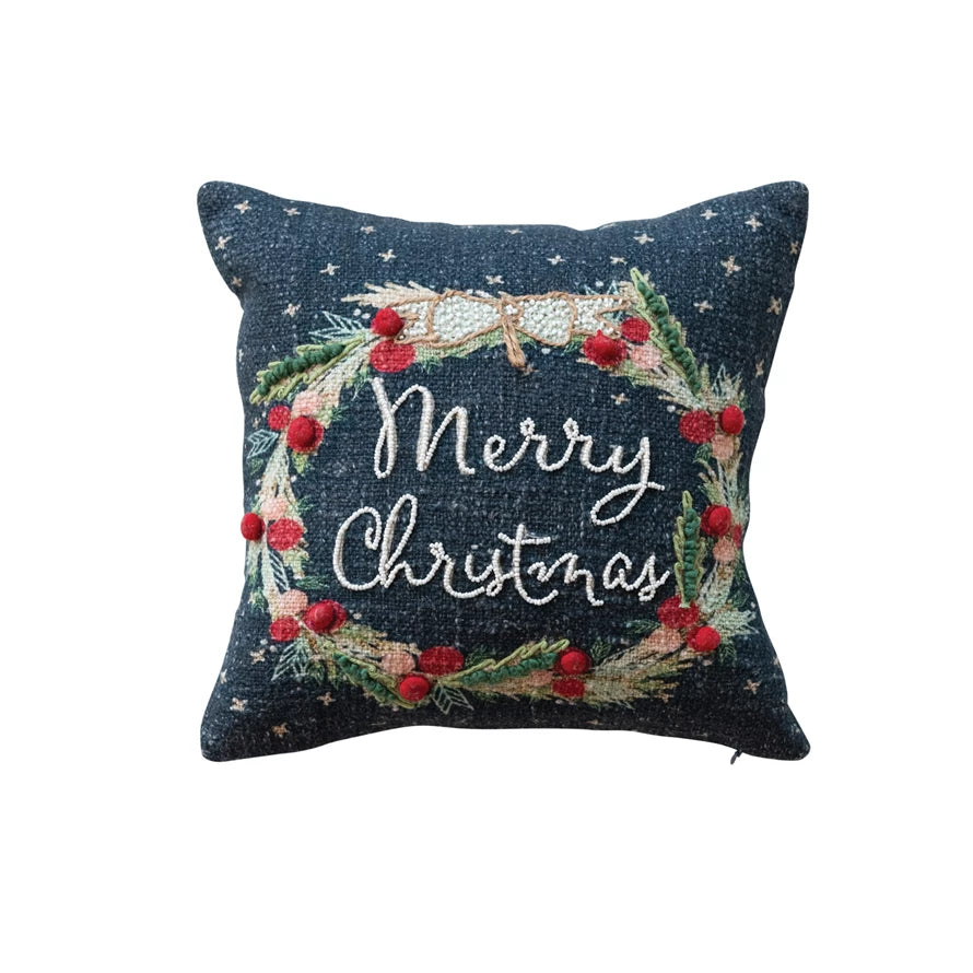 Blue Pillow w/Wreath, 12" Square Cotton