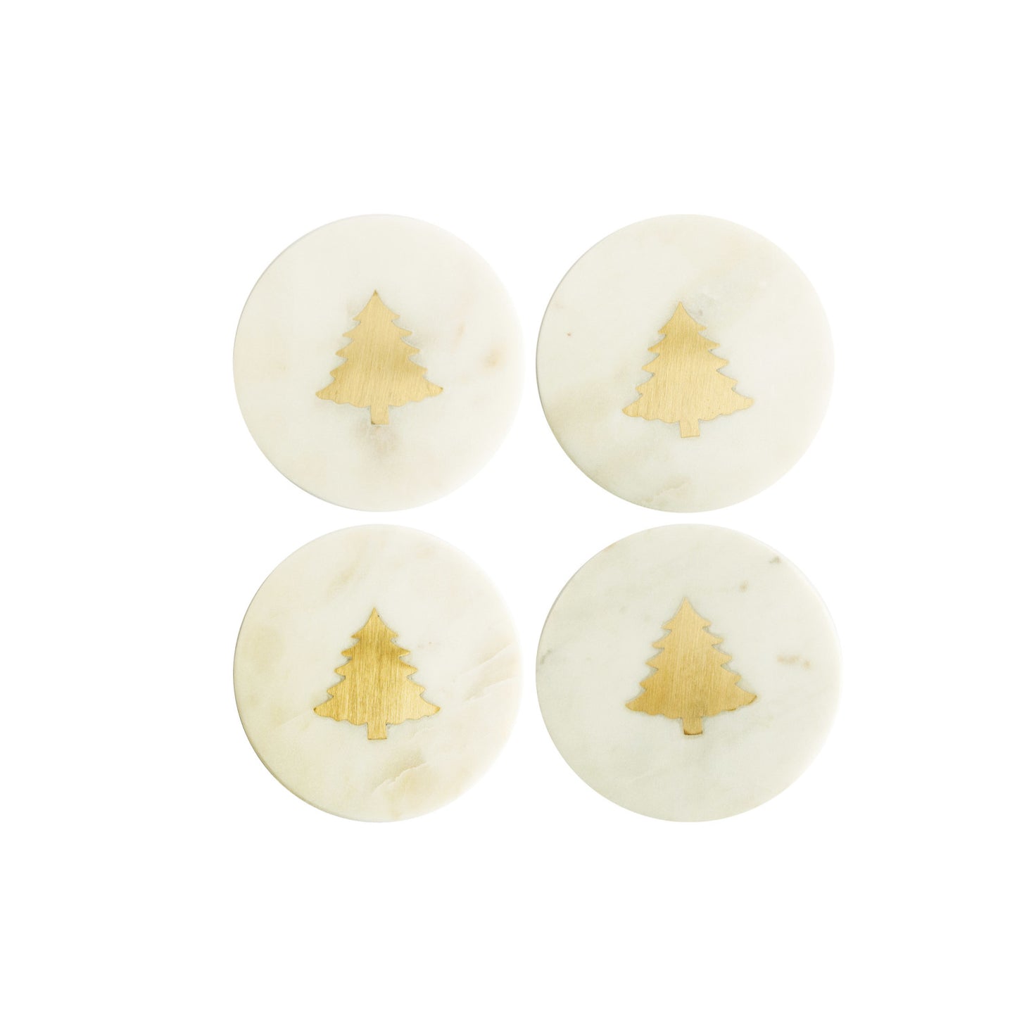 Marble Coasters w/ Brass Tree Inlay, White, S/4
