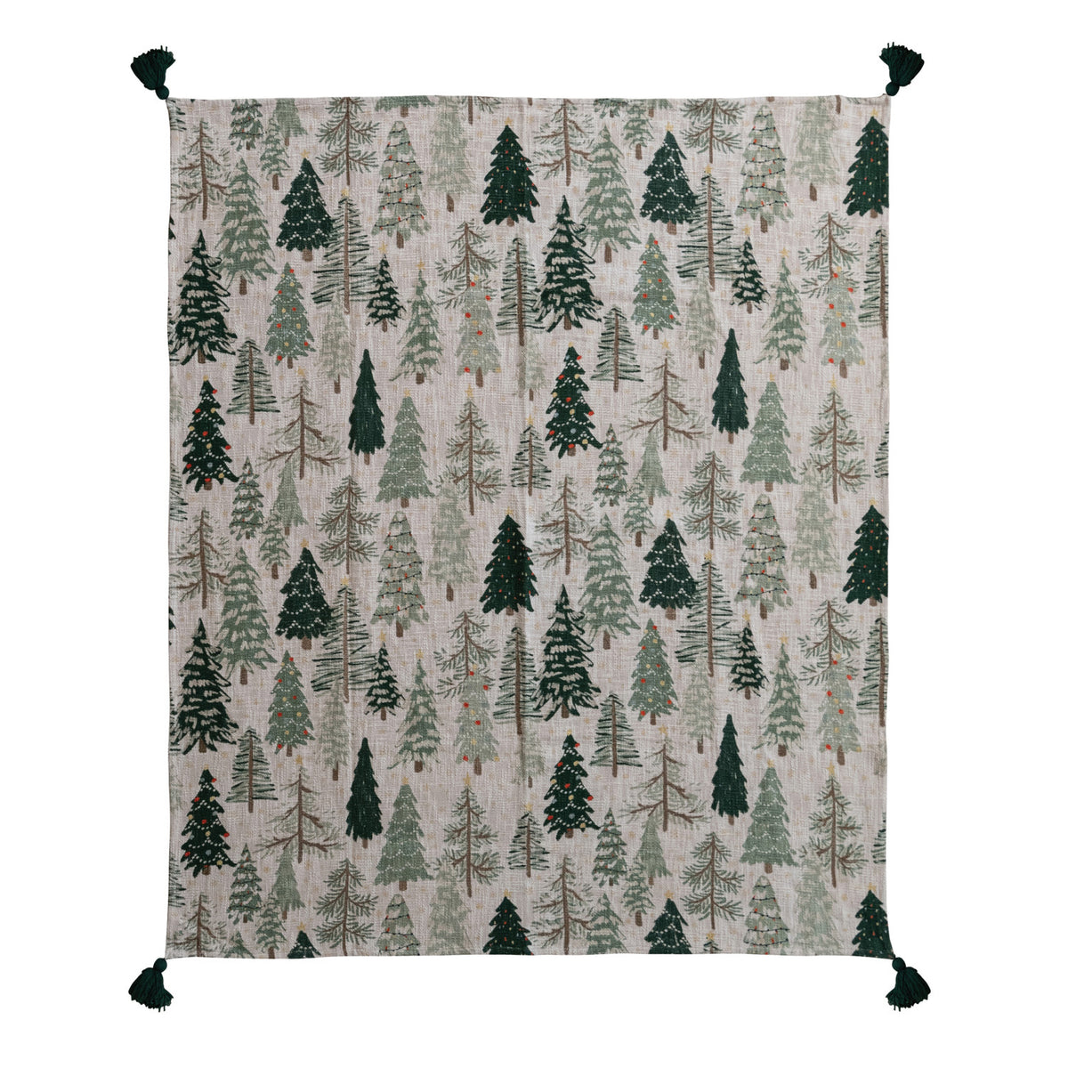 Cotton Printed Throw w/ Tree Pattern & Tassels