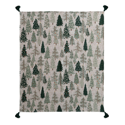 Cotton Printed Throw w/ Tree Pattern & Tassels