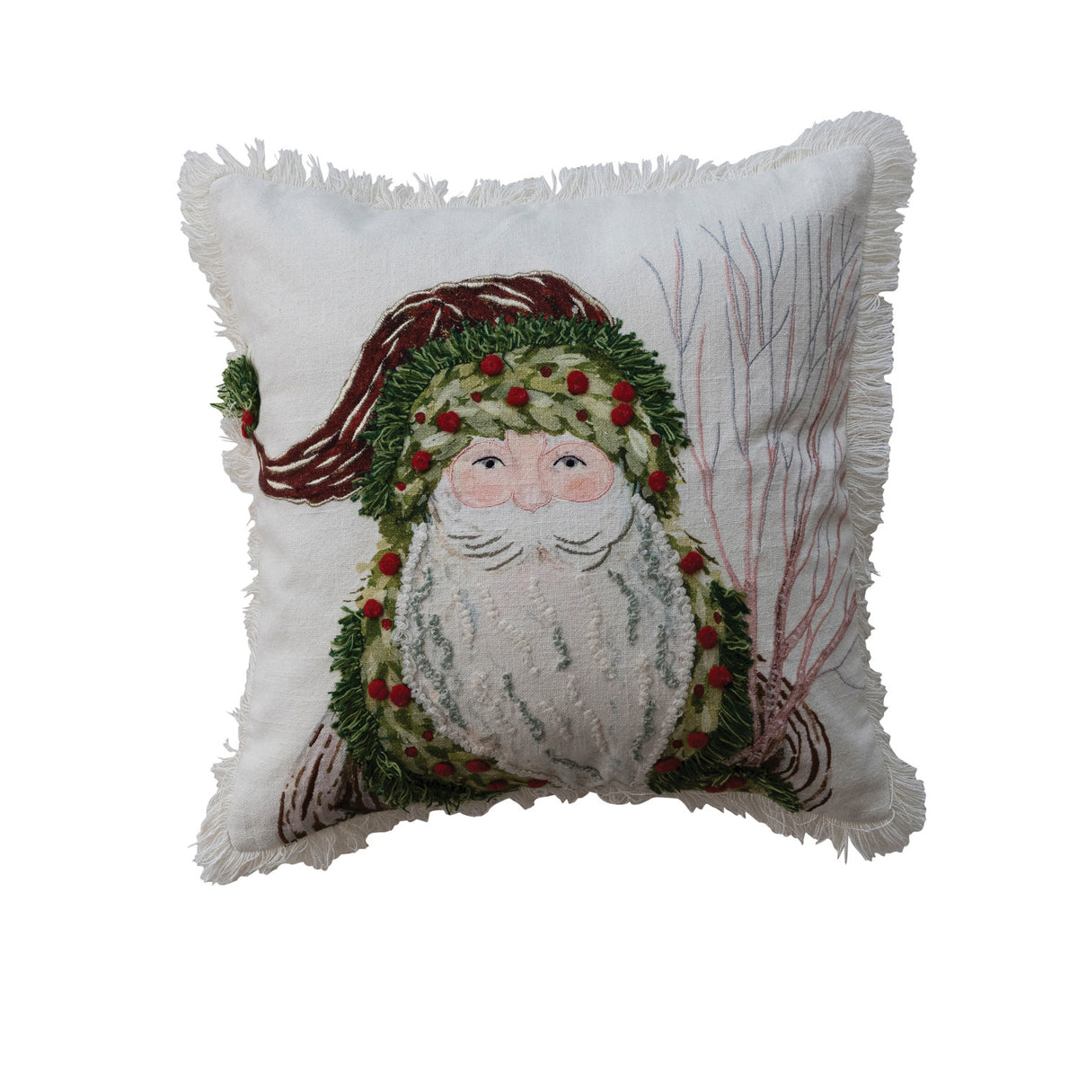 Cotton Slub Printed Pillow with Santa, Embroidery & Fringe