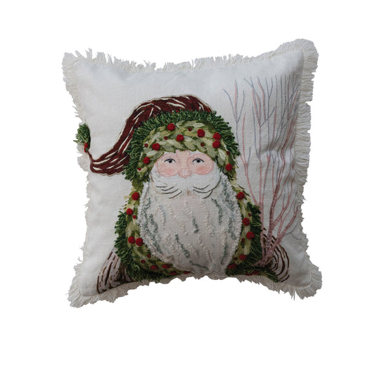 Cotton Slub Printed Pillow with Santa, Embroidery & Fringe