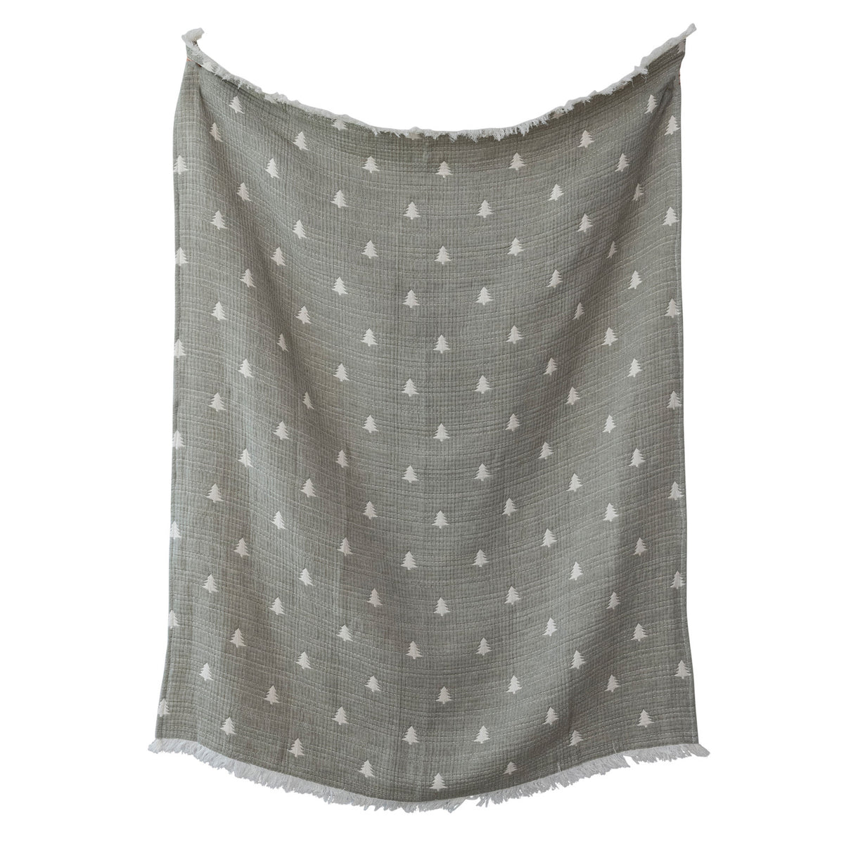 Cotton Double Cloth Throw w/ Trees, Eyelash Fringe & Hand-Embroidered Trees