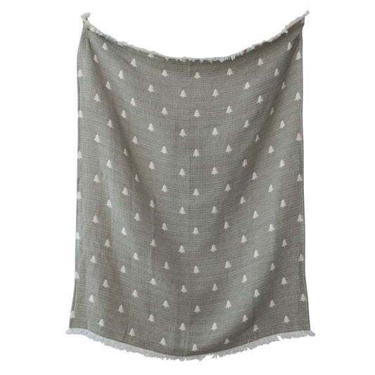 Cotton Double Cloth Throw w/ Trees, Eyelash Fringe & Hand-Embroidered Trees