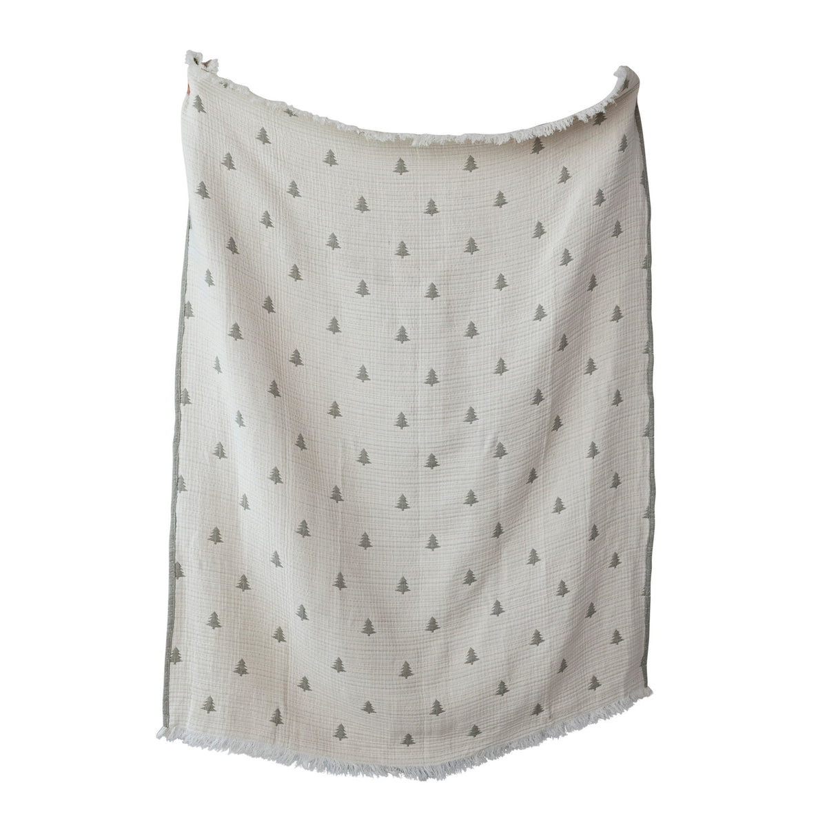 Cotton Double Cloth Throw w/ Trees, Eyelash Fringe & Hand-Embroidered Trees